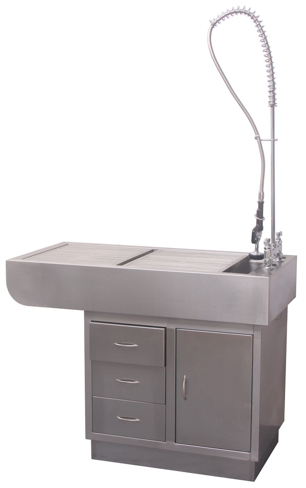 Stainless steel dental prep table with sloped basin, integrated drainage, storage drawers and cabinets, and optional faucet for enhanced utility.