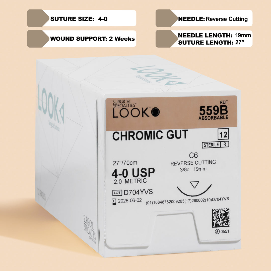 Box of 4-0 Chromic Gut sutures with a C-6 reverse cutting needle, model 559B, highlighting the two-week wound support capability and featuring a QR code for quick scanning. The sterile packaging ensures safety and reliability for surgical procedures.