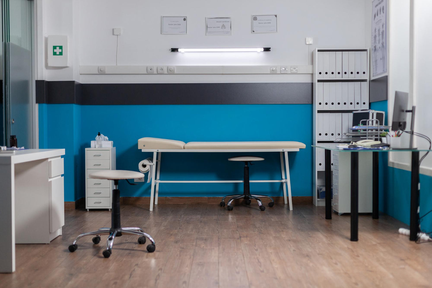 room with medical stools