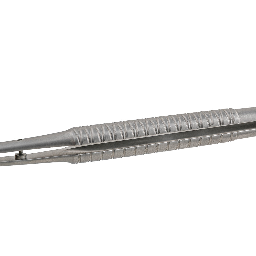 Stainless steel tissue forceps with 1x2 teeth, pencil grip design, and atraumatic anti-crushing post for delicate tissue manipulation