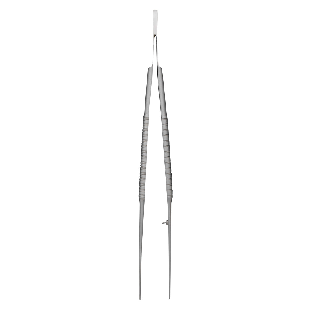 Stainless steel tissue forceps with 1x2 teeth, pencil grip design, and atraumatic anti-crushing post for delicate tissue manipulation