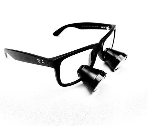 Custom dental and surgical loupe frame, Wayfarer style.