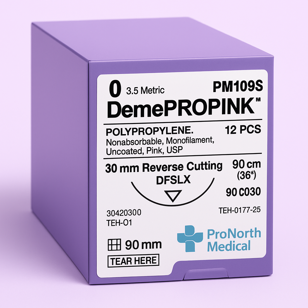 DemePROPINK™ 0 (USP 3.5 Metric) 30mm Reverse Cutting Needle 3/8 Circle – 90cm Pink Polypropylene Monofilament (Box of 12)