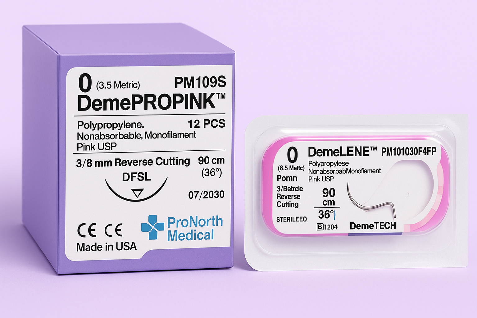 DemePROPINK™ 0 (USP 3.5 Metric) 30mm Reverse Cutting Needle 3/8 Circle – 90cm Pink Polypropylene Monofilament (Box of 12)