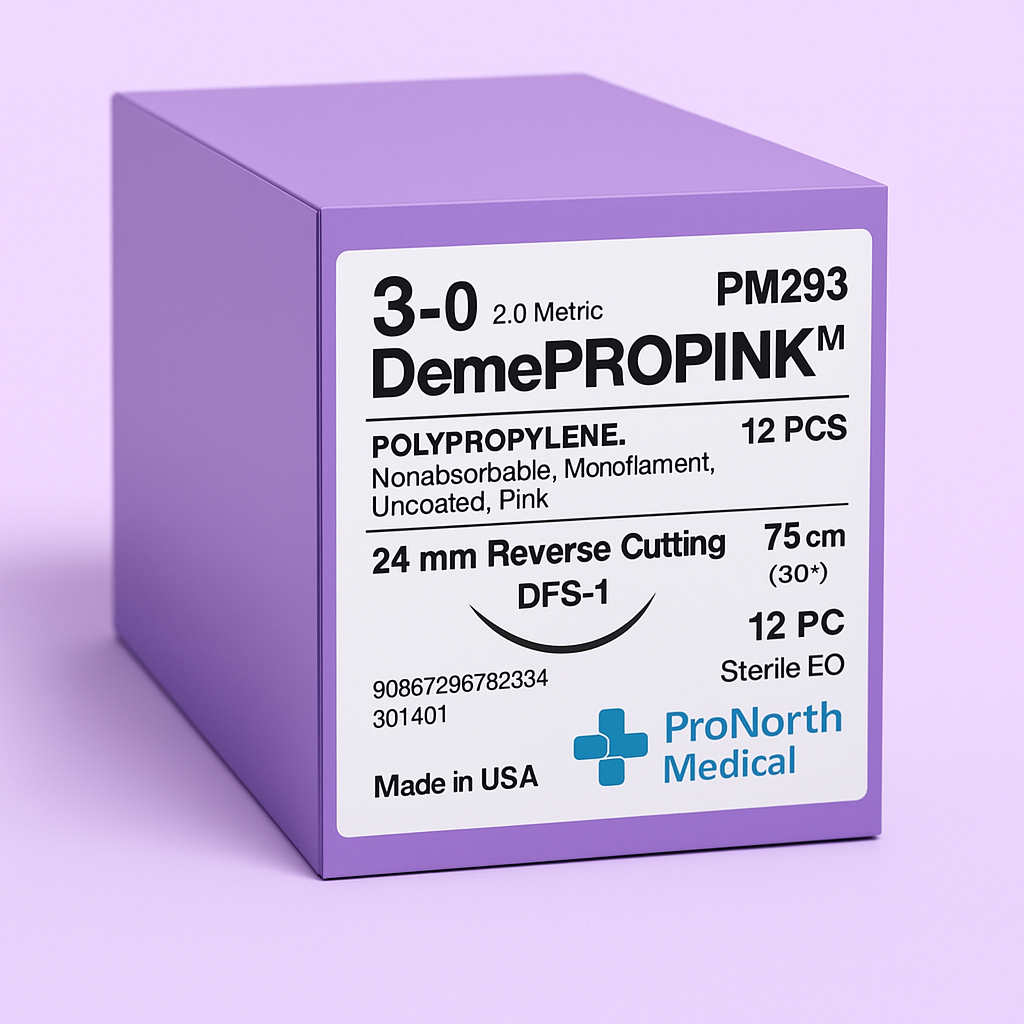 DemePROPINK™ 3-0 (USP 2.0 Metric) 24mm Reverse Cutting Needle 3/8 Circle – 75cm Pink Polypropylene Monofilament (Box of 12)