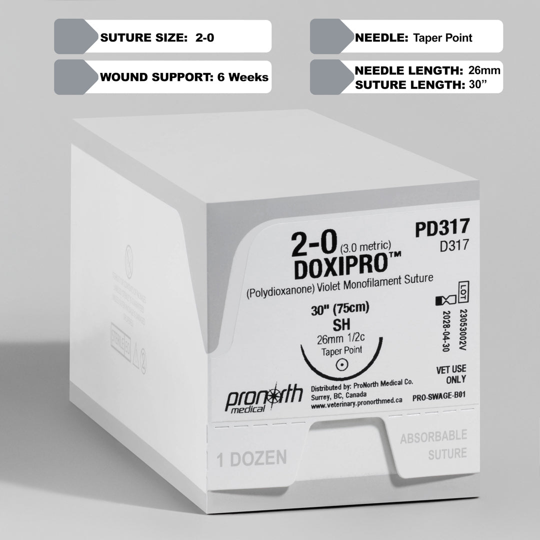 Image of a ProNorth Medical's DOXIPRO™ PD317 veterinary suture box, marked for veterinary use only. The box displays the suture size as 2-0, needle type as taper point, and suture length as 30 inches, with a violet monofilament suture designed for effective wound support and high visibility during surgeries.