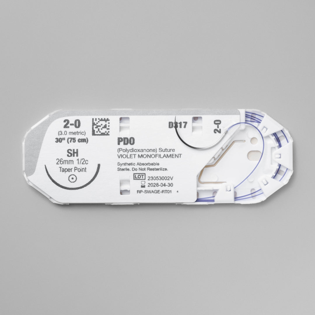 Image of a ProNorth Medical's DOXIPRO™ PD317 veterinary suture box, marked for veterinary use only. The box displays the suture size as 2-0, needle type as taper point, and suture length as 30 inches, with a violet monofilament suture designed for effective wound support and high visibility during surgeries."