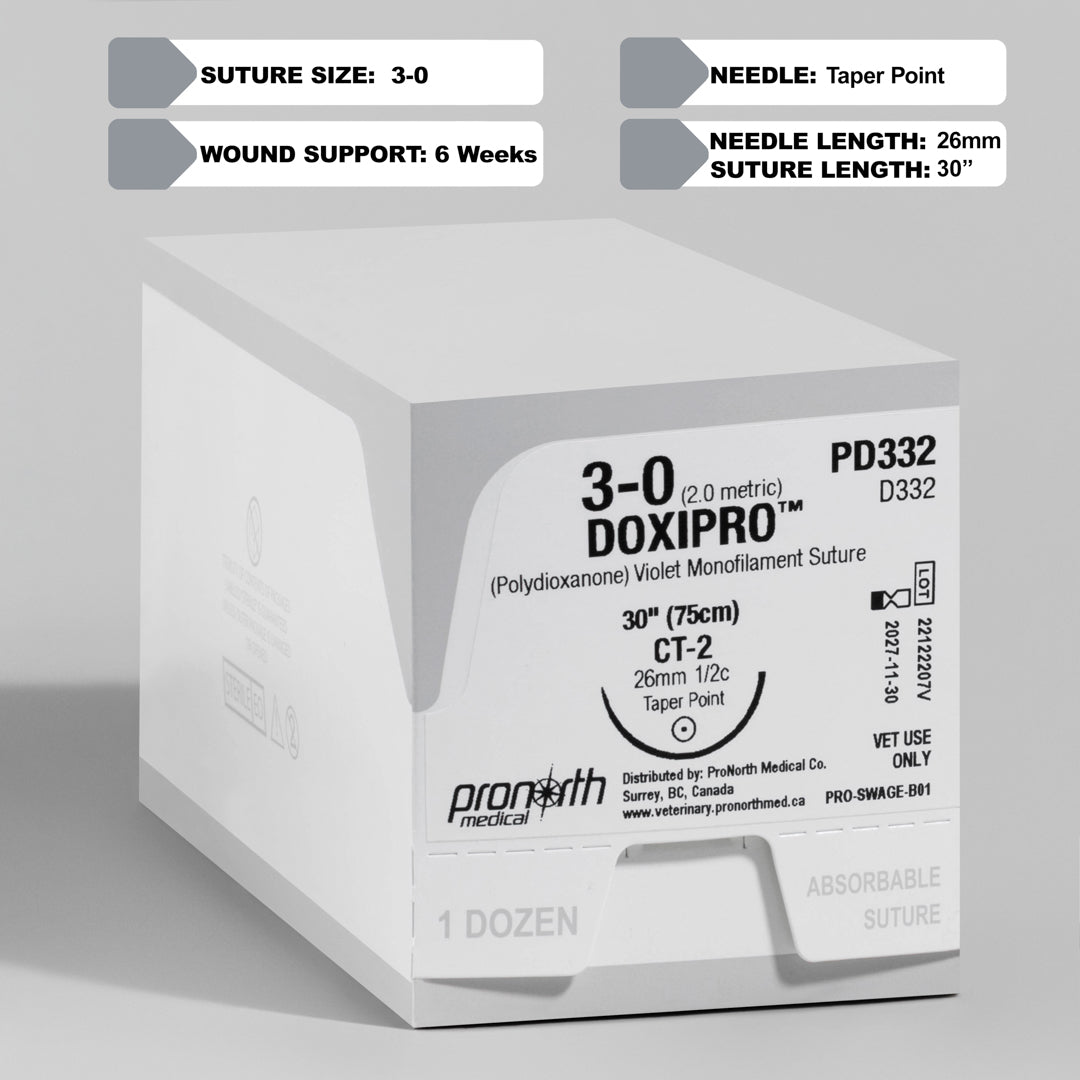 Image of ProNorth Medical's DOXIPRO™ PD332 suture packaging, indicating its use for veterinary surgeries. The box highlights the 3-0 suture size, 30-inch length, and CT-2 taper point needle, all in a violet hue for improved surgical visibility, reflecting the suture's absorbable and monofilament properties.