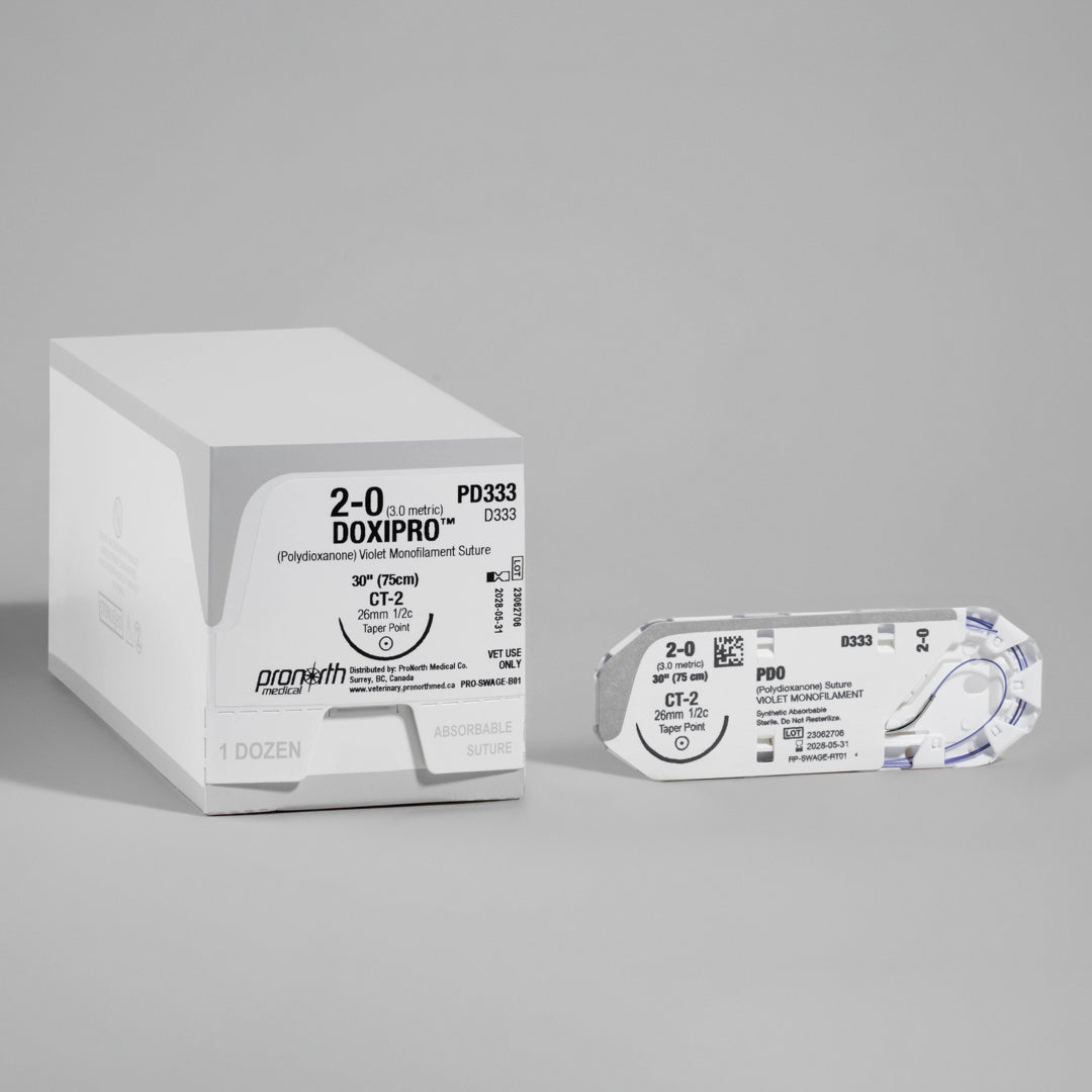 ProNorth Medical's DOXIPRO™ PD333 suture box, labeled for veterinary use, displaying a 2-0 size and 30-inch length violet monofilament suture with a CT-2 taper point needle. The packaging conveys the suture's absorbable nature, high tensile strength, and commitment to surgical excellence in veterinary practices.