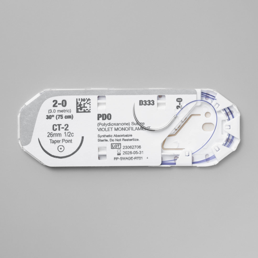 ProNorth Medical's DOXIPRO™ PD333 suture box, labeled for veterinary use, displaying a 2-0 size and 30-inch length violet monofilament suture with a CT-2 taper point needle. The packaging conveys the suture's absorbable nature, high tensile strength, and commitment to surgical excellence in veterinary practices.