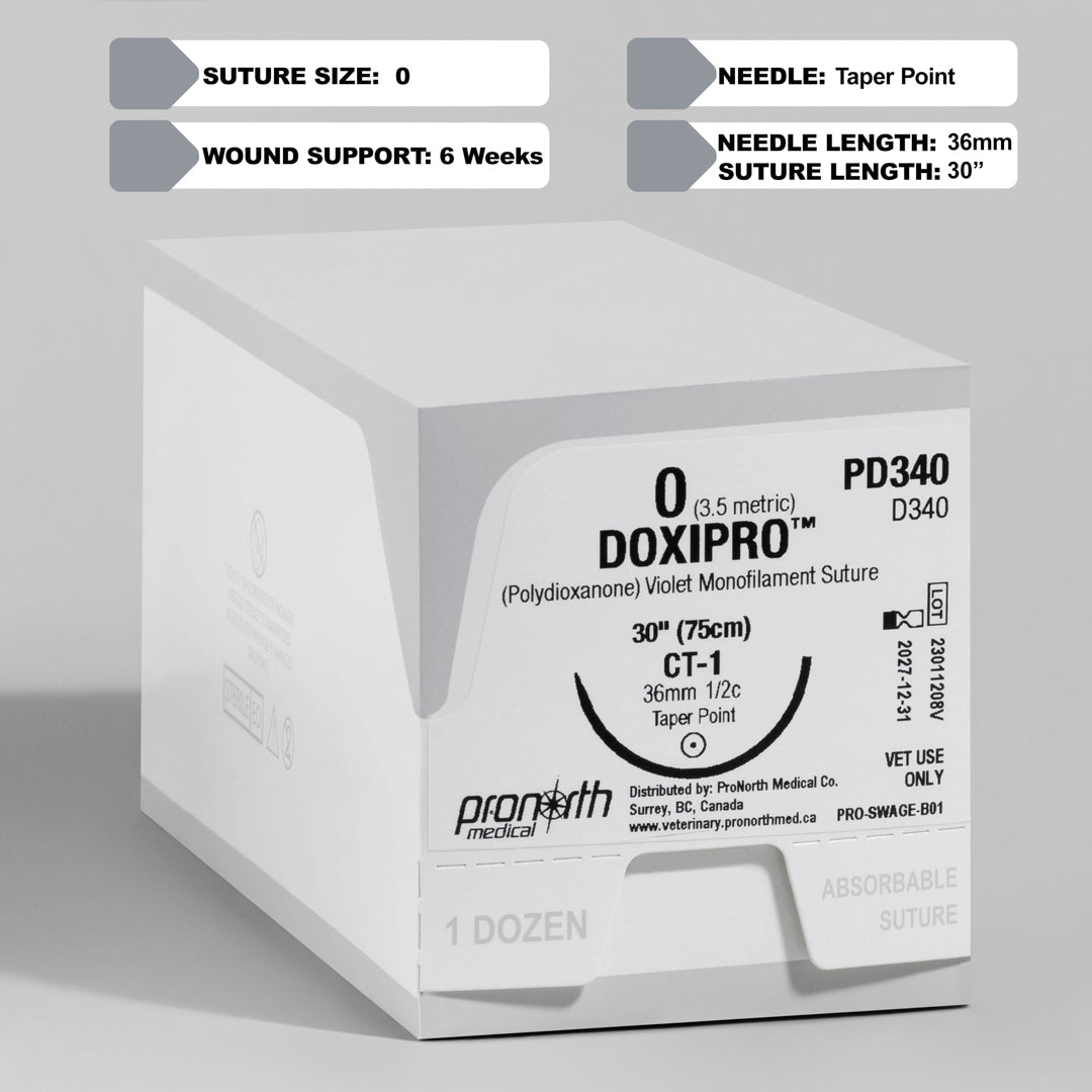 ProNorth Medical's DOXIPRO™ PD340 suture package, featuring a size 0 violet monofilament suture with a CT-1 taper point needle. Labeled for veterinary use only, it emphasizes the suture's 30-inch length and absorbable quality, designed for high-performance in veterinary surgical settings