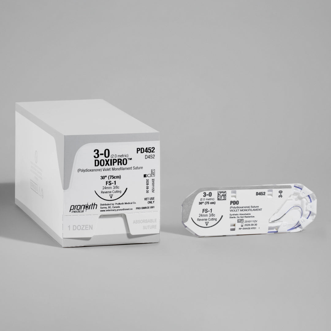 Image showing ProNorth Medical's DOXIPRO™ PD452 suture pack with a 3-0 violet monofilament and a 24mm FS-1 reverse cutting needle. The packaging indicates it's for veterinary use only, highlighting the suture's absorbable nature and is designed for high-performance in veterinary surgical settings.