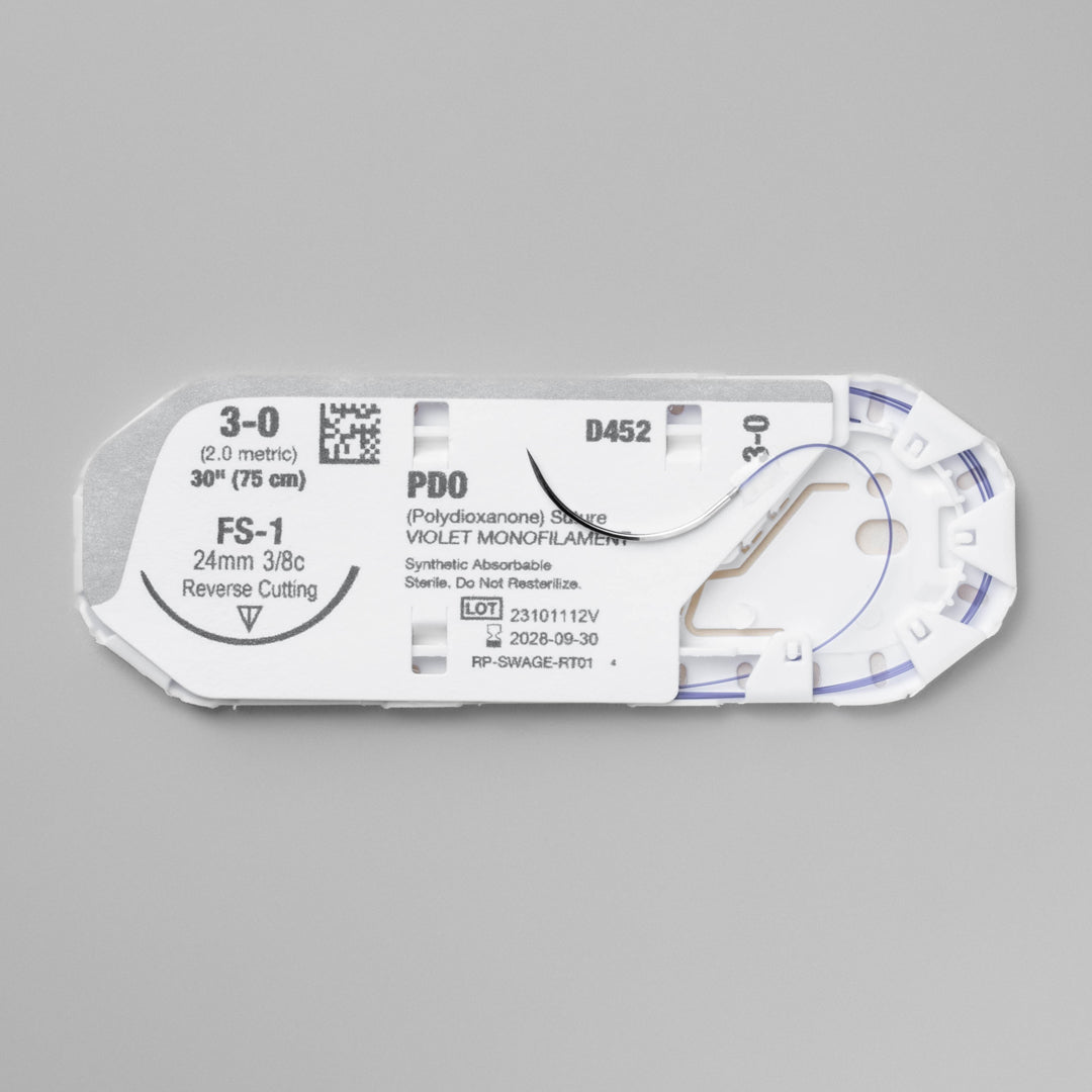 Image showing ProNorth Medical's DOXIPRO™ PD452 suture pack with a 3-0 violet monofilament and a 24mm FS-1 reverse cutting needle. The packaging indicates it's for veterinary use only, highlighting the suture's absorbable nature and is designed for high-performance in veterinary surgical settings.