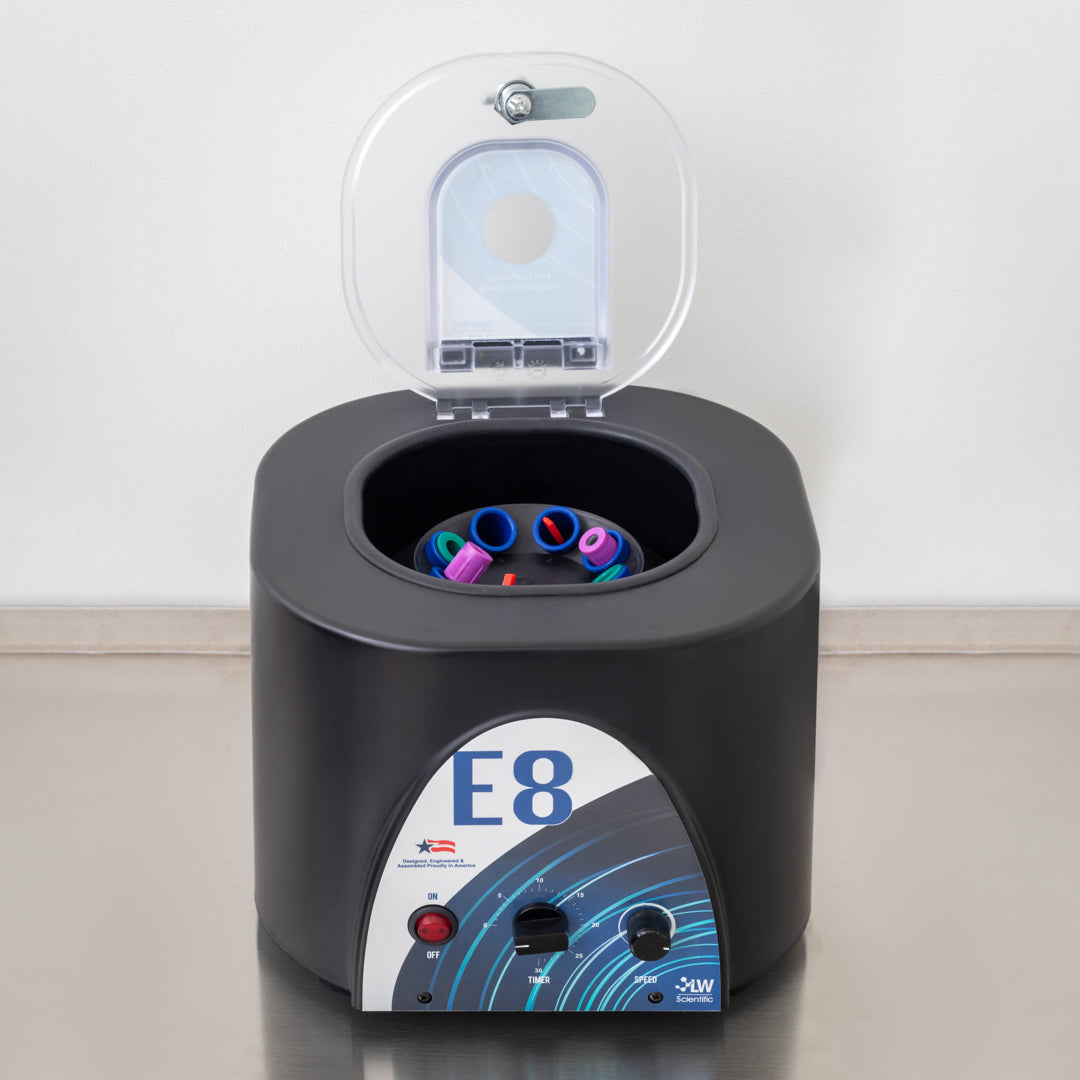 LW Scientific E8 Portafuge centrifuge with 8-tube capacity at 3500 RPM, perfect for mobile blood, urine, semen, and fecal testing.