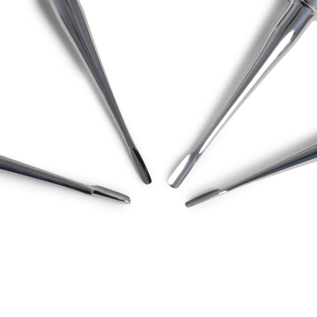 Set of 4 Winged Elevators with Stubby Handles in a Sterilizable Cassette, designed for precise tooth extraction with enhanced control.