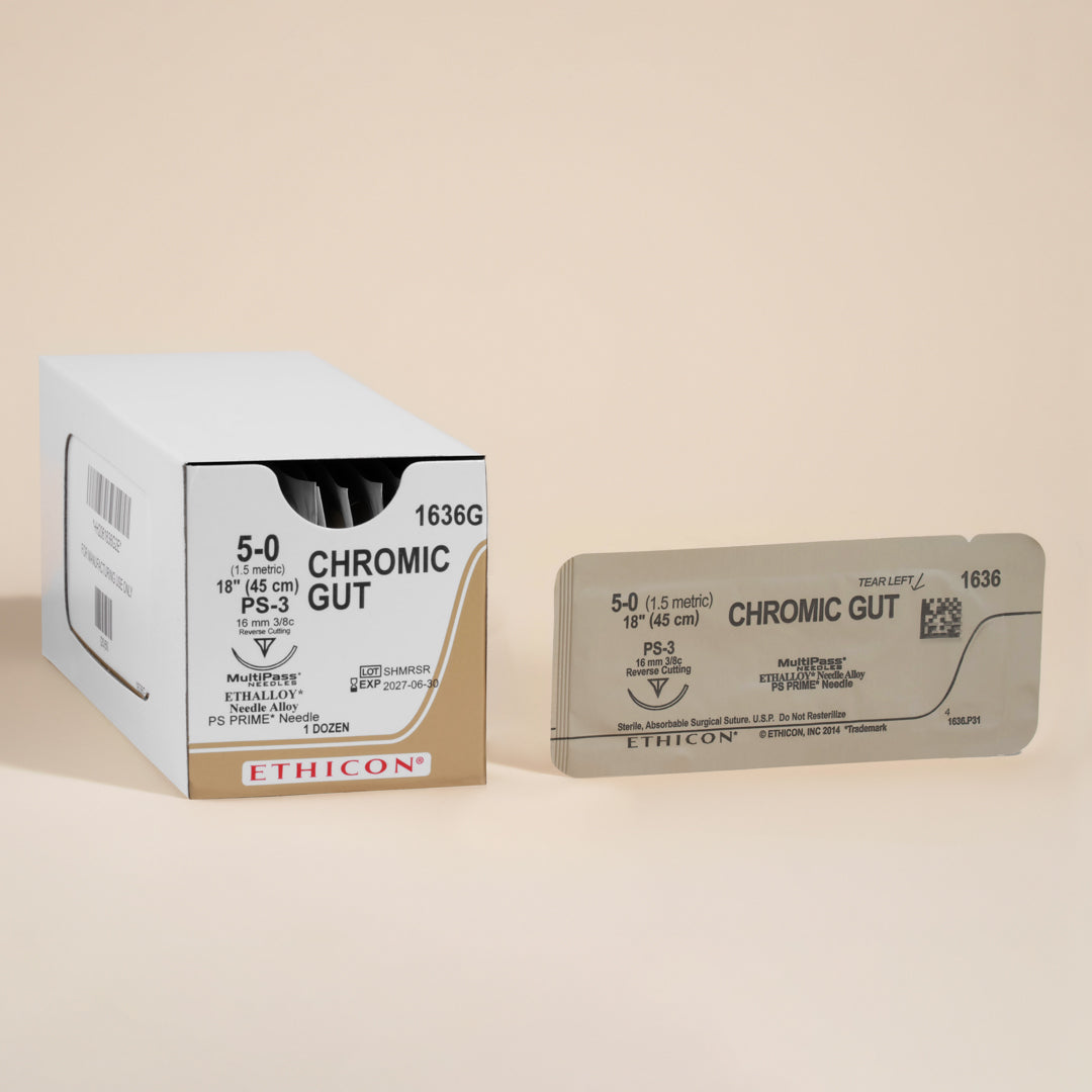 Ethicon 1636G Chromic Gut suture package, showcasing a 5-0 suture size with an 18-inch PS-3 reverse cutting needle. The box, labeled for wound closure, indicates the sutures are absorbable and naturally brown, intended for medical professionals who require high-quality suturing materials.