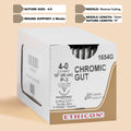 Ethicon's 1654G Chromic Gut suture package, displaying a 4-0 suture size and an 18-inch length with a P-3 reverse cutting needle. The box highlights the suture's natural brown color and absorbable properties, indicating its suitability for a range of surgical applications.