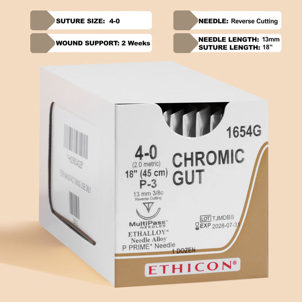Ethicon's 1654G Chromic Gut suture package, displaying a 4-0 suture size and an 18-inch length with a P-3 reverse cutting needle. The box highlights the suture's natural brown color and absorbable properties, indicating its suitability for a range of surgical applications.