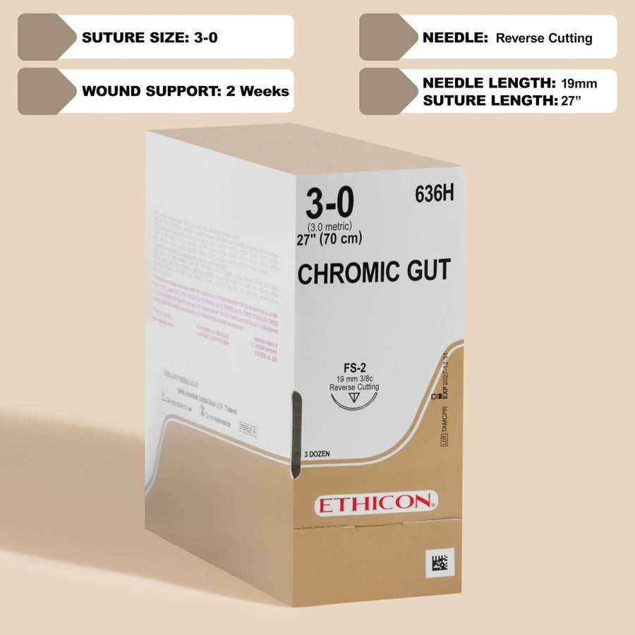 Suture chirurgicale Chromic Catgut 3-0, aiguille FS-2 de 68,5 cm | 636H