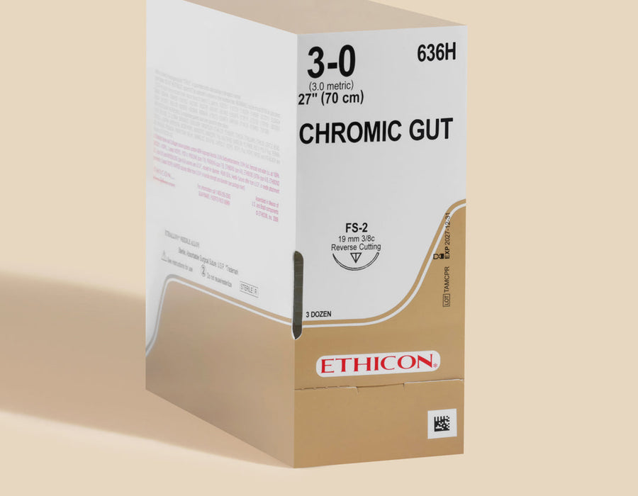3-0 Chromic Gut Suture, 27" FS-2 Needle — Box of 36 (3 Dozen) | 636H