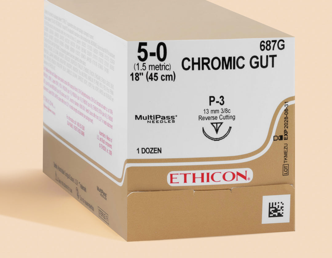 5-0 Chromic Gut Suture, 18" P-3 Needle — Box of 12 | 687G — box