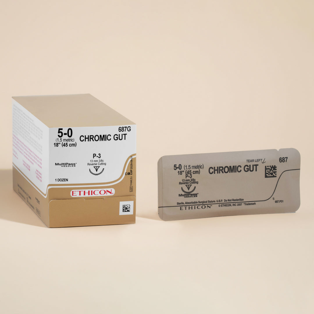A box of ProNorth Medical Corporation's 5-0 Chromic Gut Sutures, model 687G, with an 18-inch length and equipped with a silver P-3 reverse cutting needle, tailored for intricate surgical applications and packaged to facilitate ease of use for medical professionals
