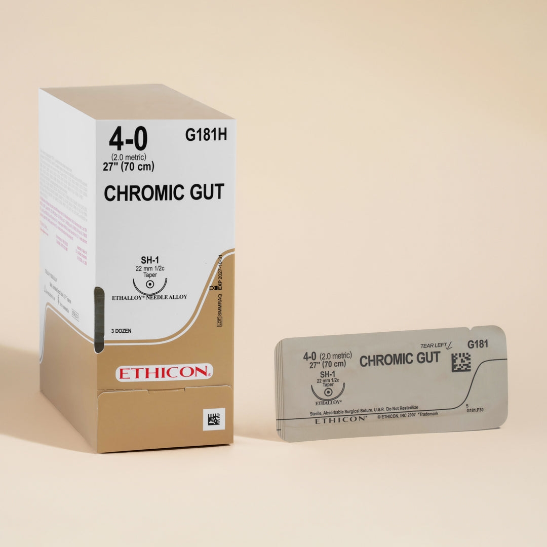 Ethicon G181H Chromic Gut suture package, showing a 4-0 natural brown, undyed suture of 27 inches in length, equipped with a 22mm SH-1 taper point needle. The packaging reflects the suture's absorbability, designed for effective wound closure in a variety of surgical procedures.