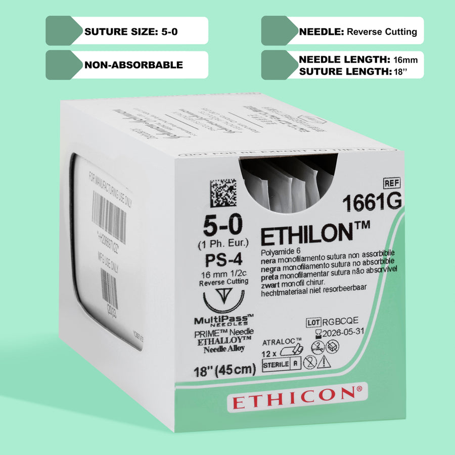 Fil de suture Ethilon noir 5-0, aiguille PS-4 de 45 cm | 1661G