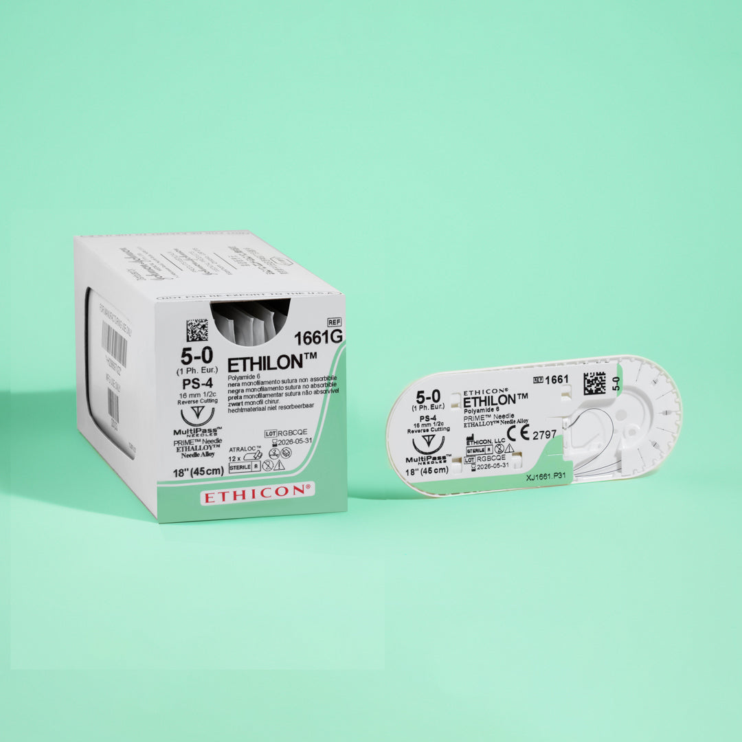 Box of Ethicon 5-0 ETHILON® Black Nylon Sutures, marked as 1661G, with an 18-inch length and a silver PS-4 reverse cutting needle, ready for surgical procedures requiring non-absorbable suturing.