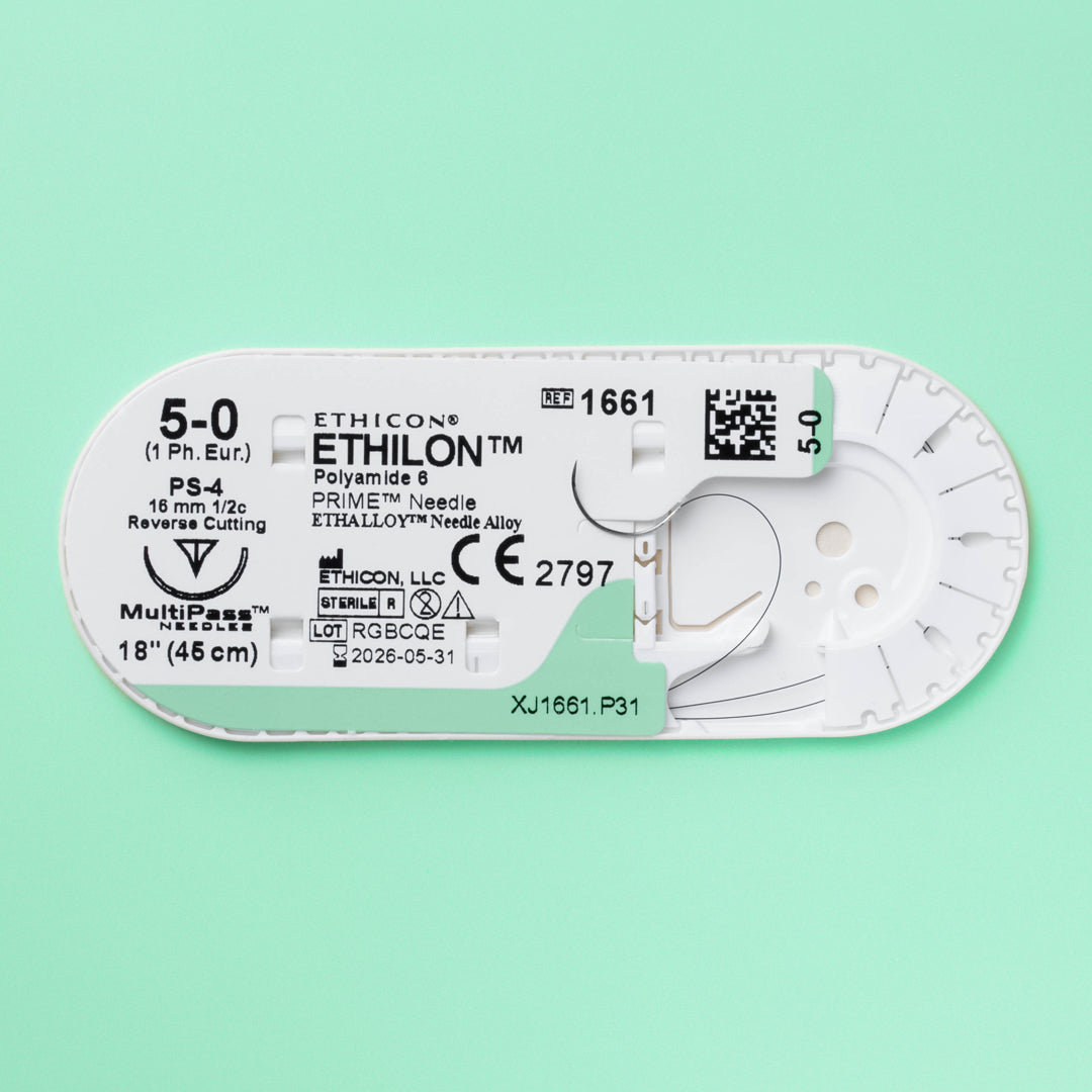 Box of Ethicon 5-0 ETHILON® Black Nylon Sutures, marked as 1661G, with an 18-inch length and a silver PS-4 reverse cutting needle, ready for surgical procedures requiring non-absorbable suturing.