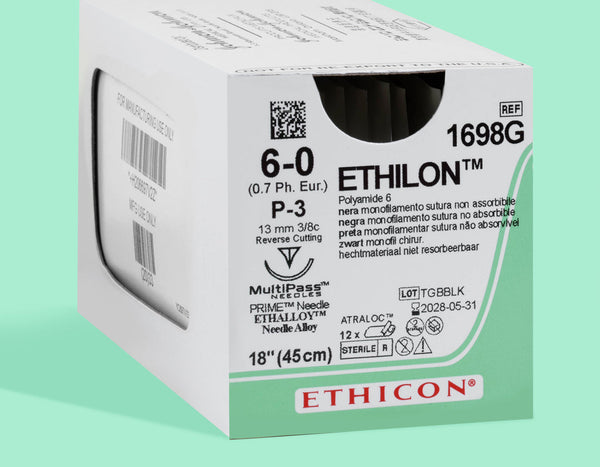 6-0 Ethilon Black Suture, 18" P-3 Needle | 1698G — box