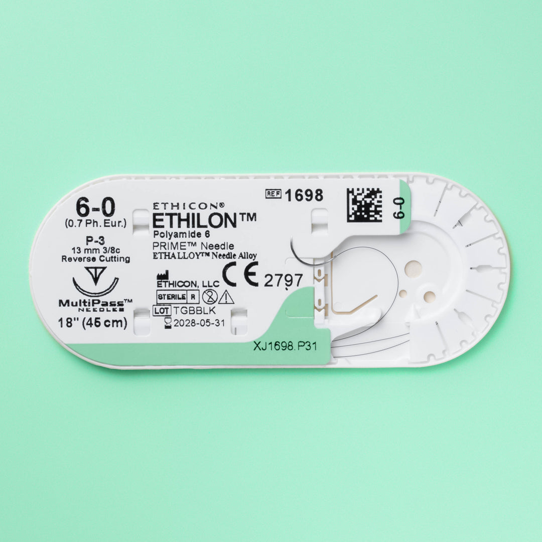 A box of Ethicon 6-0 ETHILON® Black Nylon Sutures, with product code 1698G, featuring an 18-inch length and equipped with a silver P-3 reverse cutting needle. The suture pack is labeled for non-absorbable use, indicating its purpose for surgeries where durable, long-lasting suture material is required.