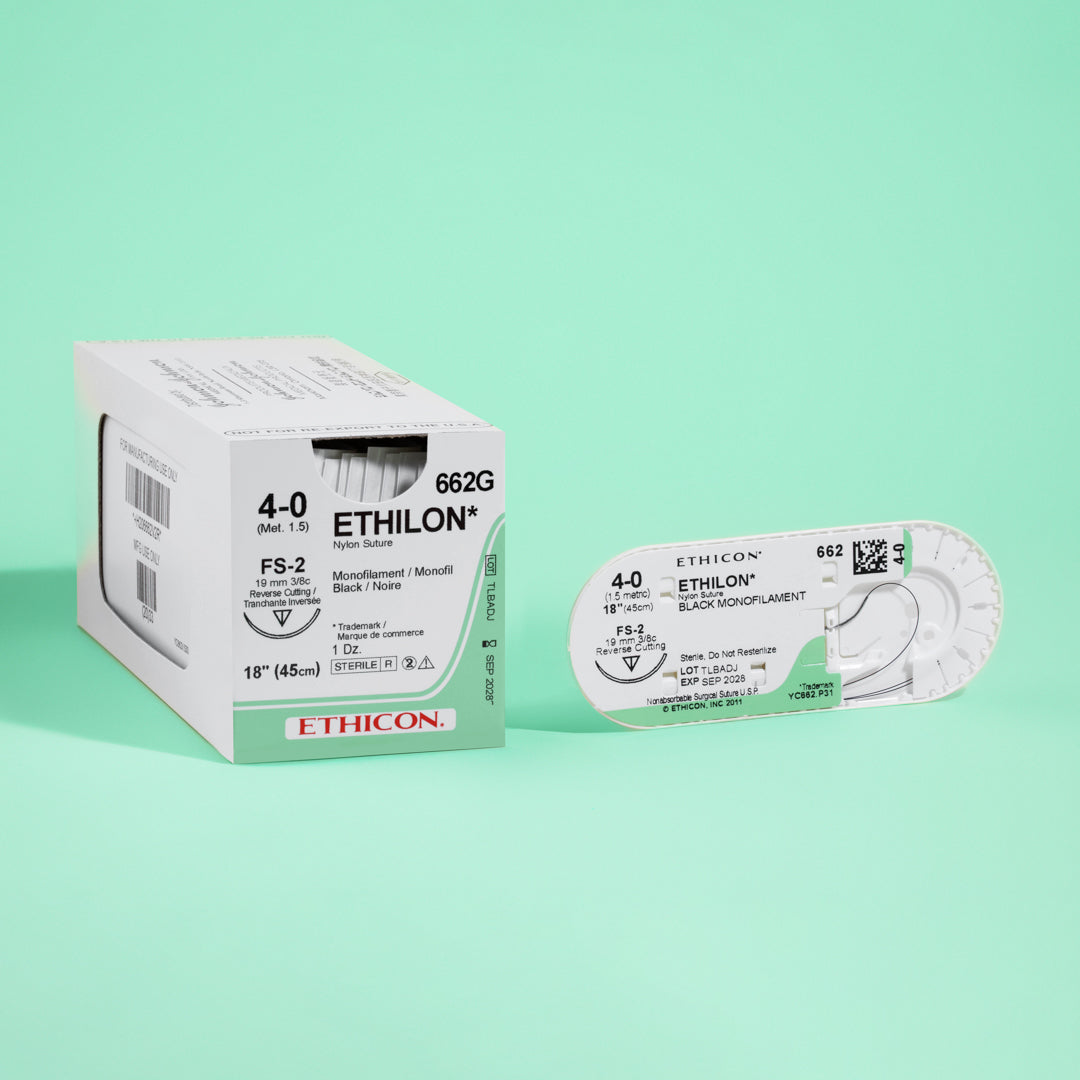 Box of Ethicon 4-0 ETHILON® Black Nylon Sutures, product number 662G, featuring a striking black suture color and an FS-2 reverse cutting needle, indicating its non-absorbable property and suitability for permanent wound closure in various surgical applications.