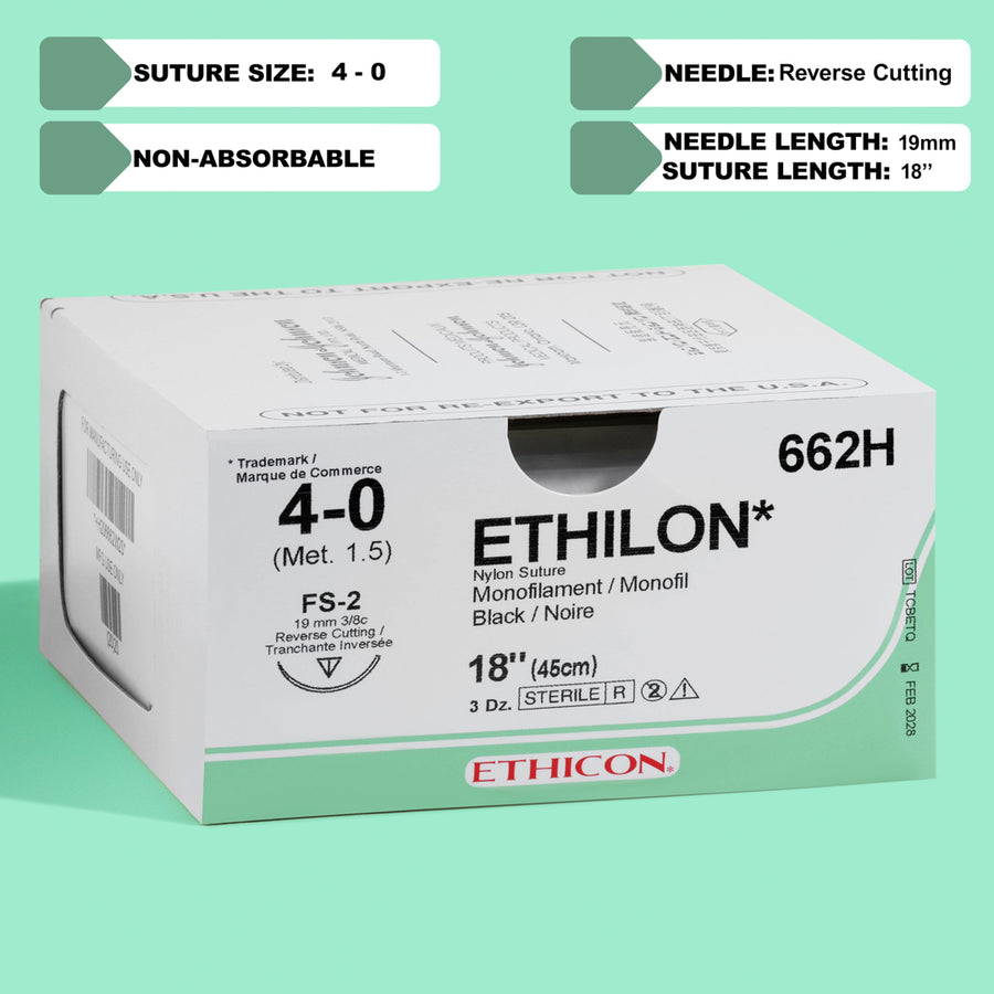Fil de suture Ethilon noir 4-0, aiguille FS-2 18" | 662H
