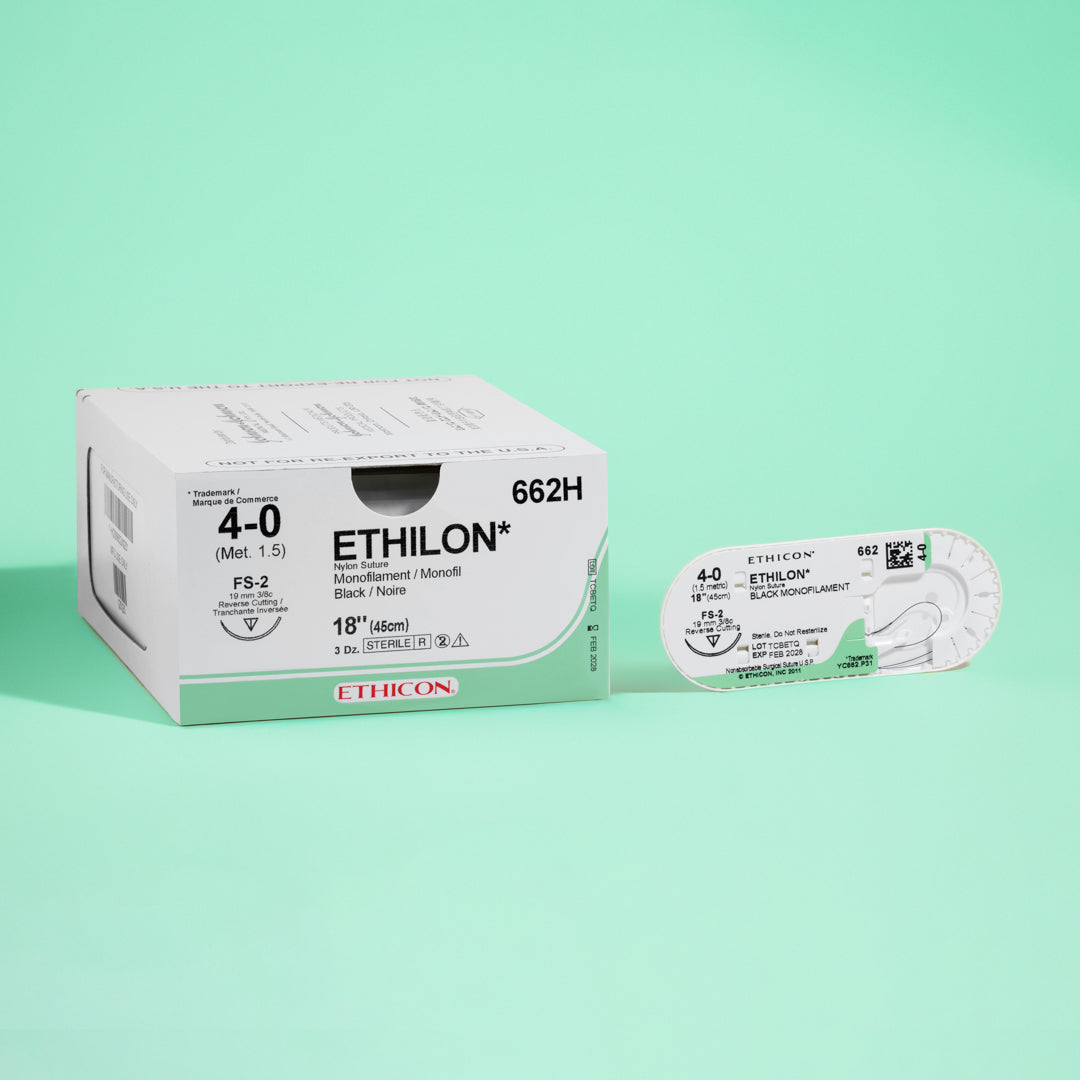 Ethicon 4-0 ETHILON® Black Nylon Suture pack, product code 662H, displaying the non-absorbable, black sutures paired with a silver FS-2 reverse cutting needle. The box quantity of 36 reflects Ethicon's commitment to providing ample, reliable suturing options for healthcare providers