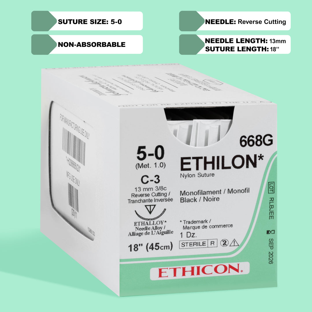 Box of Ethicon 5-0 ETHILON® Black Nylon Sutures, model number 668G, displaying black sutures paired with a silver C-3 reverse cutting needle. The packaging highlights the suture's non-absorbable nature and is designed for advanced surgical procedures requiring permanent wound closure.