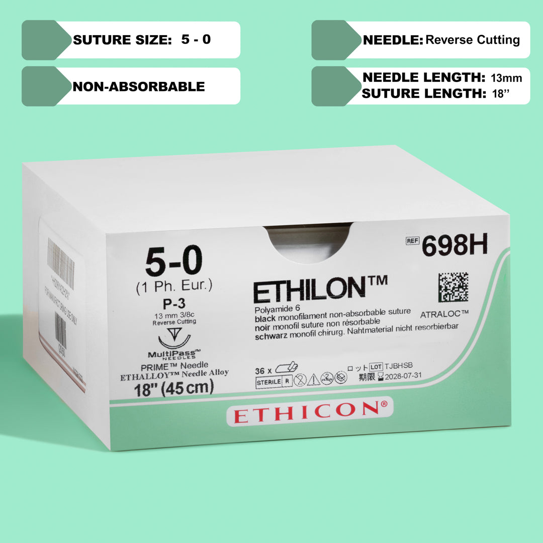 Ethicon 5-0 ETHILON® Black Nylon Sutures, reference number 698H, featuring an 18-inch length with a P-3 reverse cutting needle. The black color of the sutures ensures visibility, and the MULTIPASS® needle technology promises enduring sharpness for complex surgical procedures.