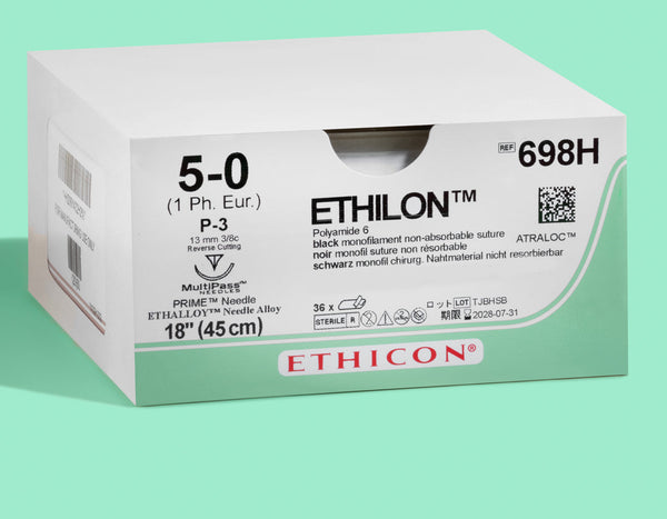 5-0 Ethilon Black Suture, 18" P-3 Needle — Box of 36 (3 Dozen) | 698H — box