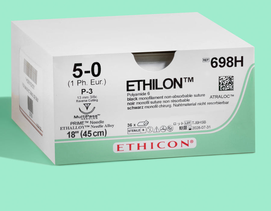 5-0 Ethilon Black Suture, 18" P-3 Needle — Box of 36 (3 Dozen) | 698H