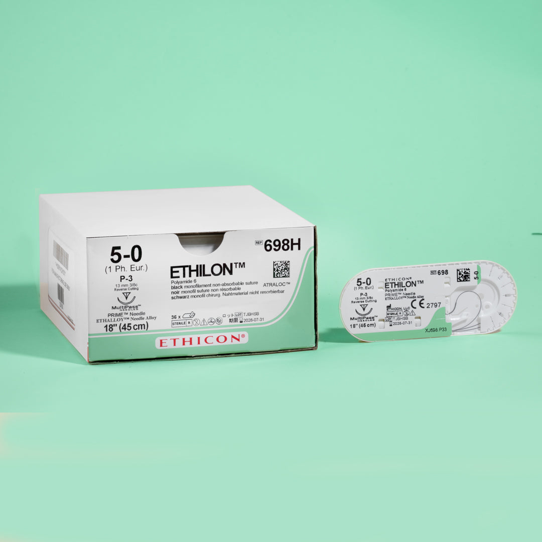 Ethicon 5-0 ETHILON® Black Nylon Sutures, reference number 698H, featuring an 18-inch length with a P-3 reverse cutting needle. The black color of the sutures ensures visibility, and the MULTIPASS® needle technology promises enduring sharpness for complex surgical procedures.