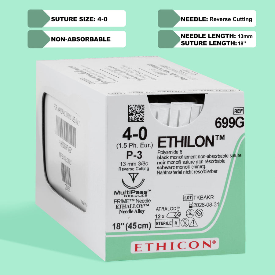 Fil de suture Ethilon Noir 4-0, aiguille P-3 18" | 699G