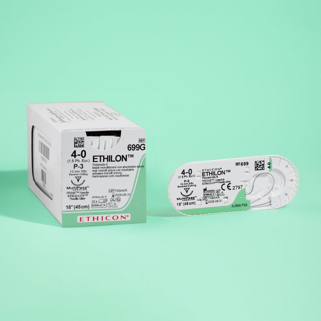 Box of Ethicon 4-0 ETHILON® Black Nylon Sutures, product code 699G, with a silver P-3 reverse cutting needle. The packaging denotes the sutures' non-absorbable nature and the inclusion of MULTIPASS® needle technology, suitable for advanced surgical procedures requiring precise wound closure.