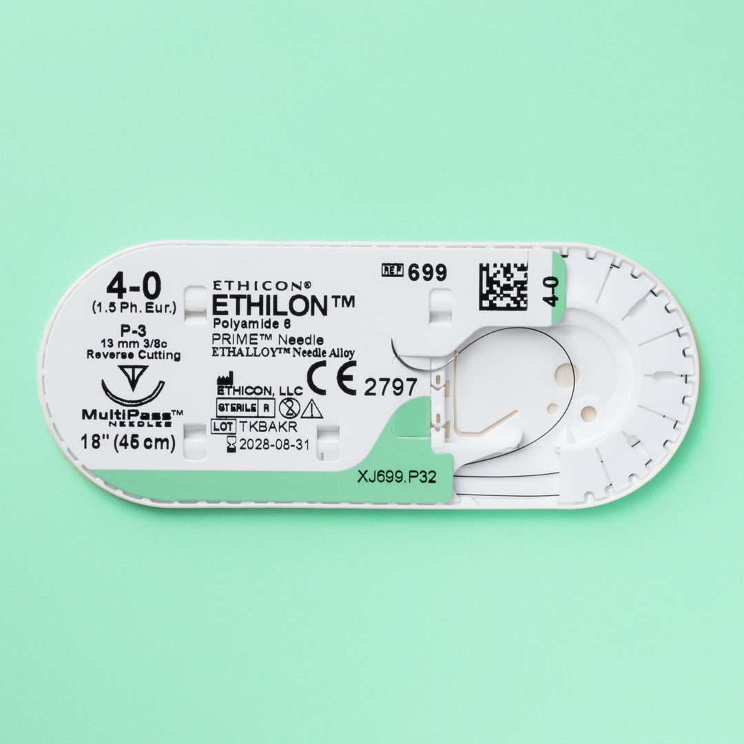 Box of Ethicon 4-0 ETHILON® Black Nylon Sutures, product code 699G, with a silver P-3 reverse cutting needle. The packaging denotes the sutures' non-absorbable nature and the inclusion of MULTIPASS® needle technology, suitable for advanced surgical procedures requiring precise wound closure.