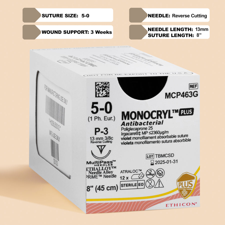 Suture Monocryl Plus 5-0, aiguille P-3 de 45 cm | MCP463G