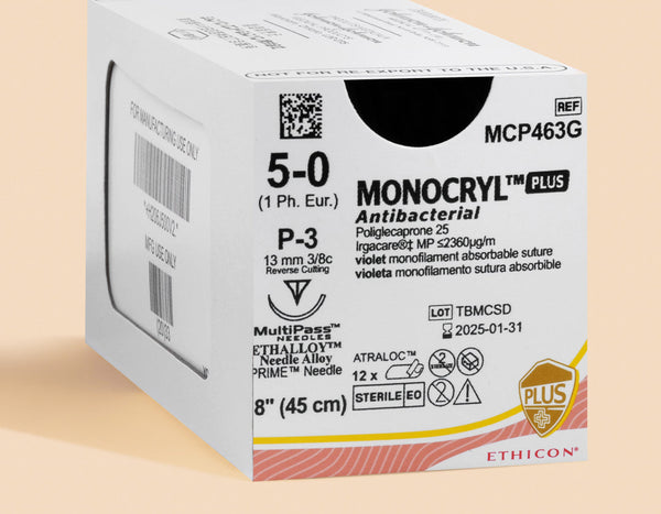 5-0 Monocryl Plus Suture, 18" P-3 Needle | MCP463G — box