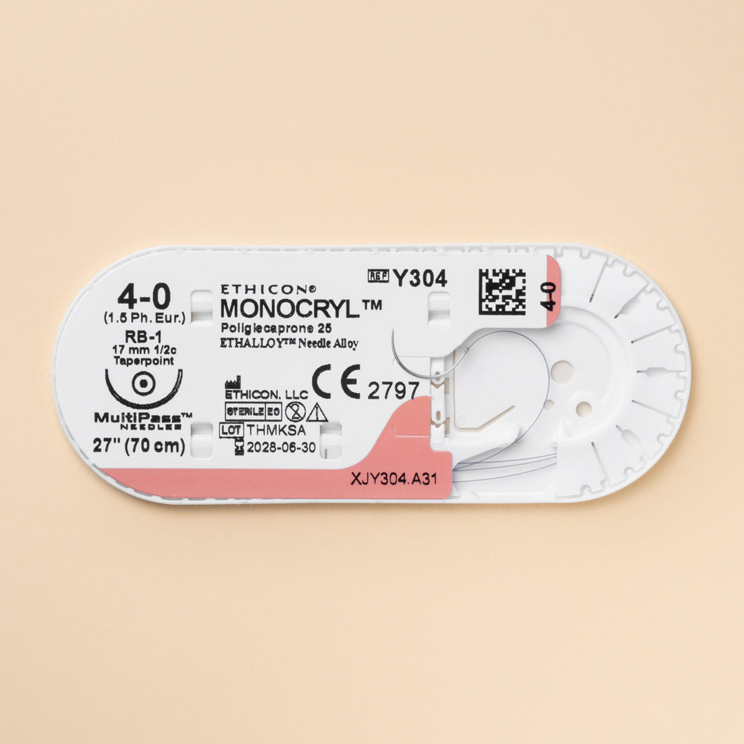 Ethicon 4-0 MONOCRYL® Violet Sutures, stock number Y304H, featuring a 27-inch suture prepped with a silver RB-1 taper point needle, ensuring precision and tissue integrity in absorbable suture applications.