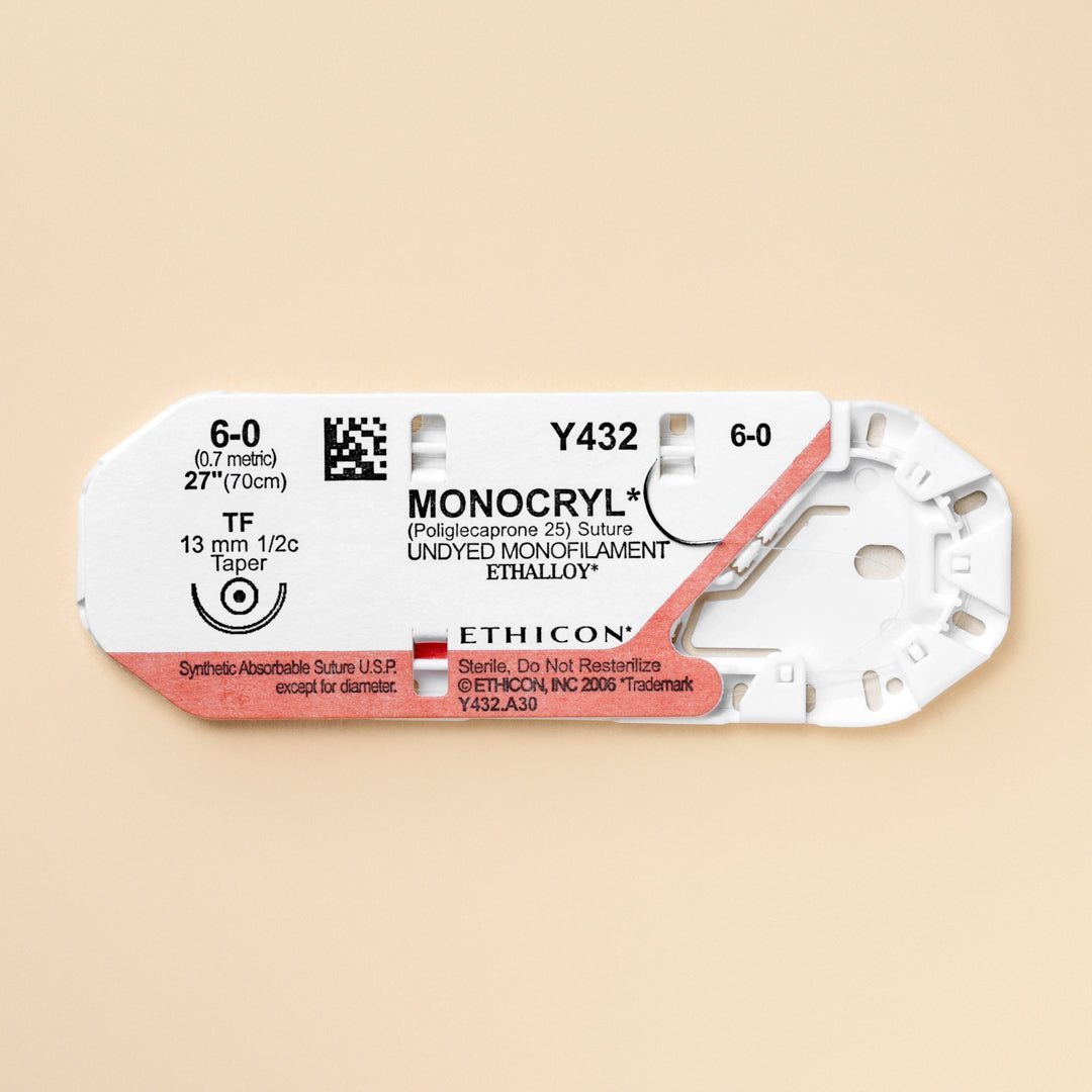 Box of Ethicon 3-0 MONOCRYL® Undyed Sutures, reference Y416H, showcasing long, natural-colored sutures paired with a 26mm SH taper point needle. Designed for absorbable applications, these sutures provide surgeons with the flexibility and reliability needed for successful outcomes.