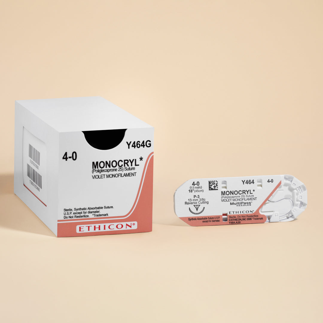 Box of Ethicon 4-0 MONOCRYL® Violet Sutures, model number Y464G, showcasing the sutures' distinctive violet color and equipped with a 13mm P-3 reverse cutting needle. The packaging highlights the sutures' absorbable nature, designed for effective and precise wound closure in surgical procedures
