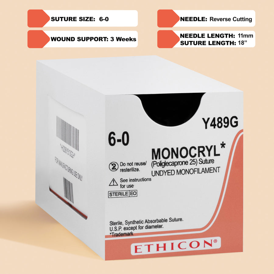 Suture Monocryl Plus violette 6-0, aiguille P-1 de 45 cm | MCP489G