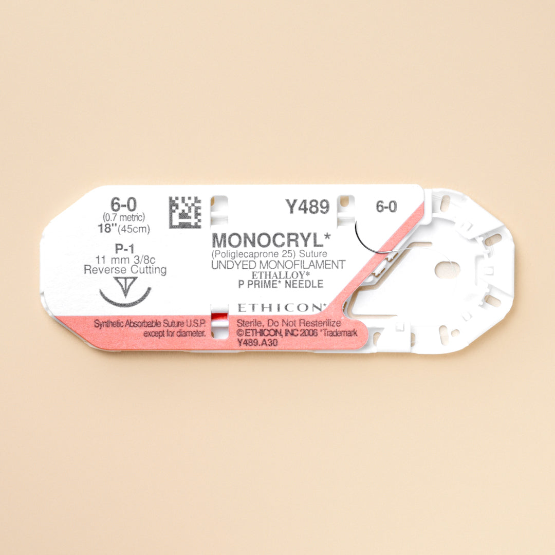Ethicon 6-0 MONOCRYL® Undyed Sutures, product code Y489G, featuring a fine gauge and a sharp 11mm P-1 reverse cutting needle. The suture's undyed material and absorbable qualities are highlighted, catering to surgeries where natural appearance and rapid healing are prioritized.